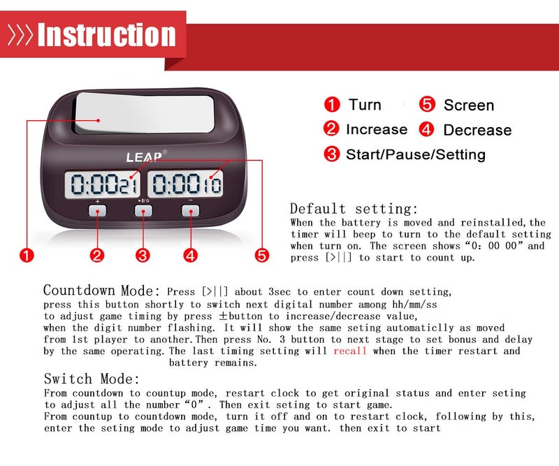 LEAP Chess Clock Digital Chess Timer Professional for Board Games Timer with Alarm Function (Official Store) Brownish Red - Image 4